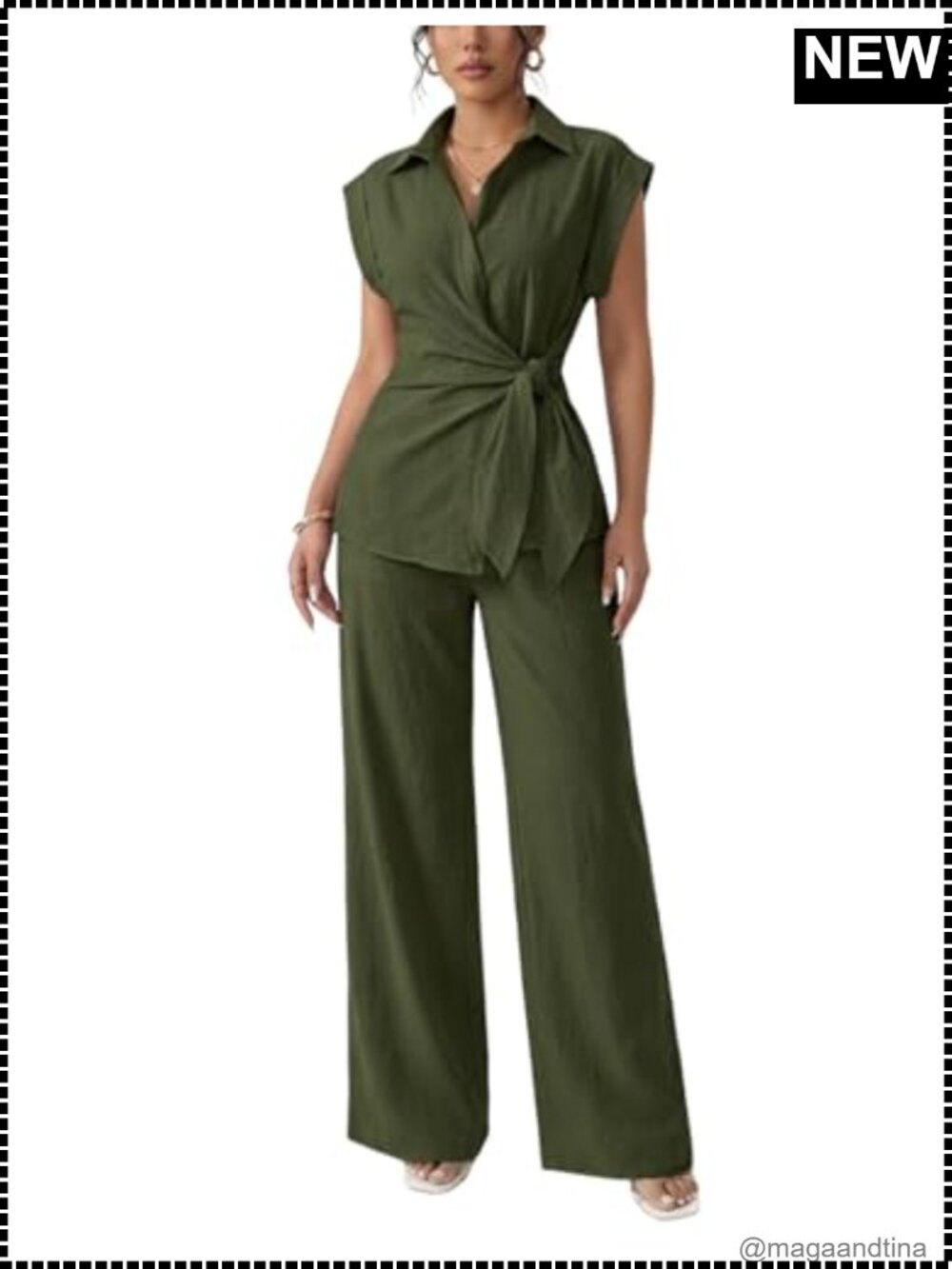 Women's Dressy Two Piece Set Cap Sleeve Tie Waist Shirt Wide Leg Pants